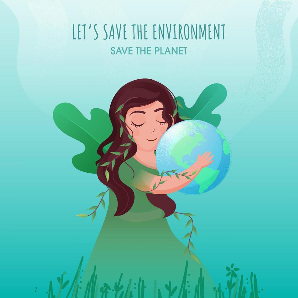 Save The Environment Planet Concept with Young Girl Holding Earth Globe and Green Leaves on Turquoise Background. vector