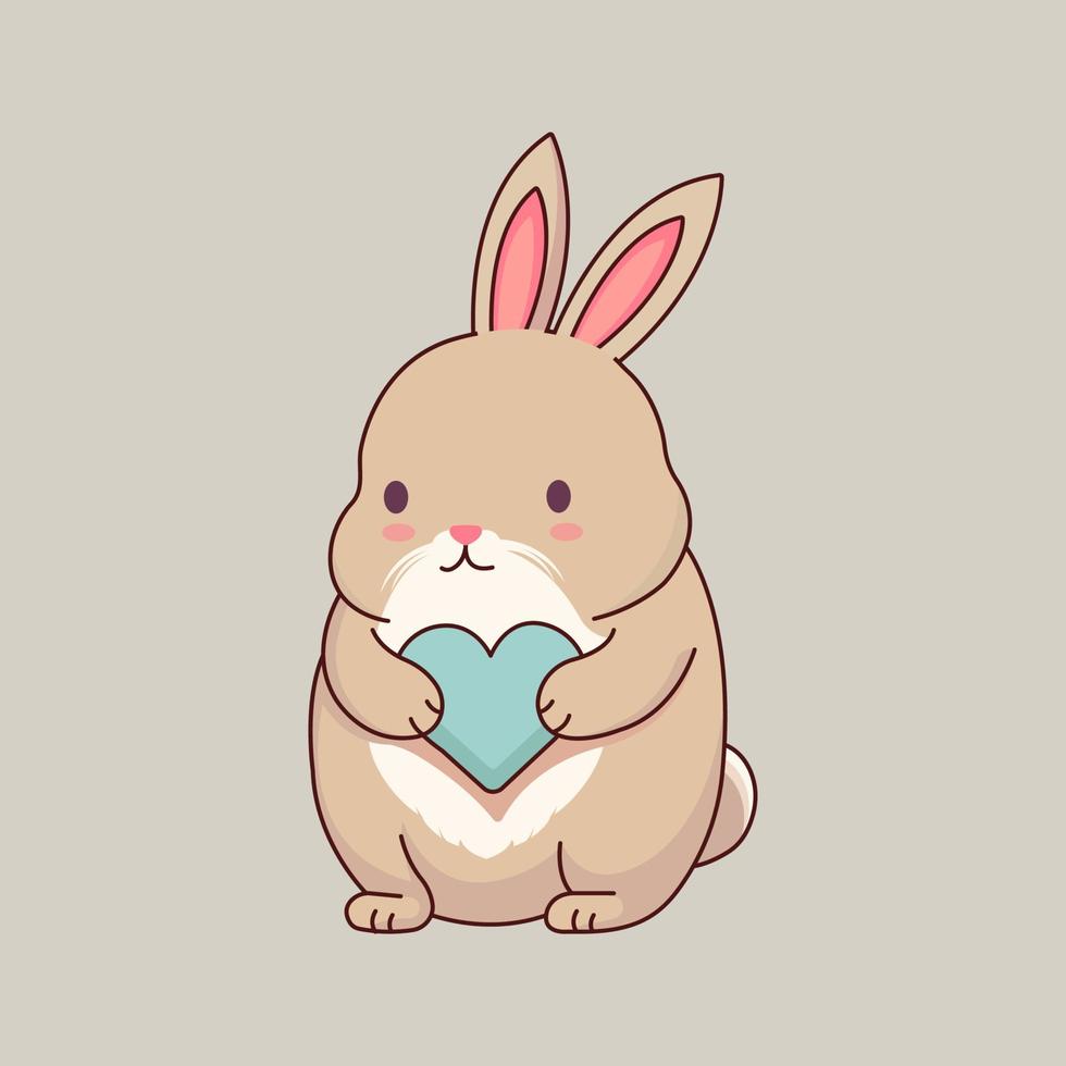 Cartoon Cute Rabbit Holding Heart In Sitting Pose Against Gray Background. vector