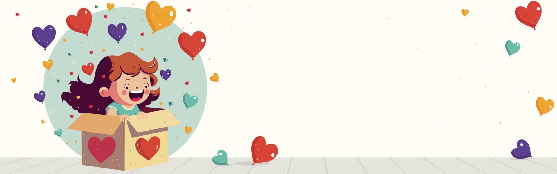 Excited Funny Girl With Heart Balloons Coming Out From Inside Surprise Box And Copy Space. Banner Or Header Design. vector