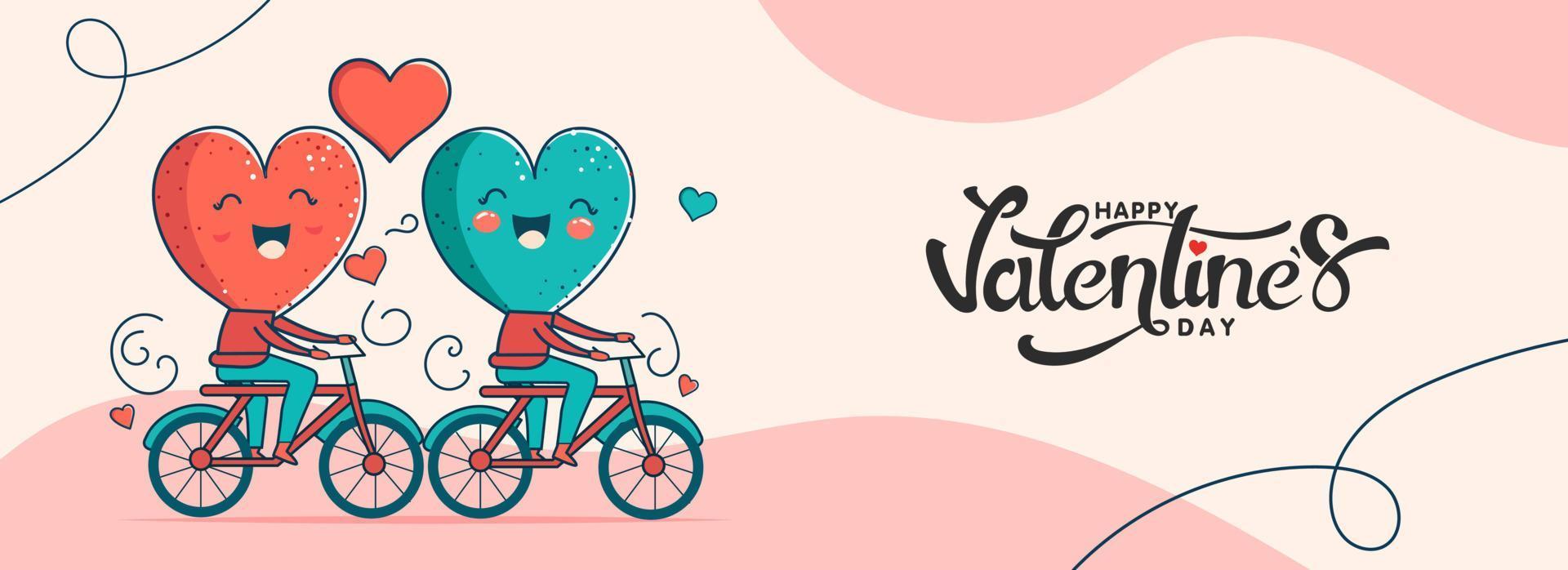 contento San Valentín día bandera diseño, dos corazones personaje montando en su bicicleta terminado pastel rosado antecedentes. vector