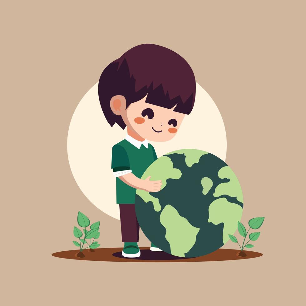 linda chico personaje participación tierra globo y plantas en oscuro beige antecedentes. vector