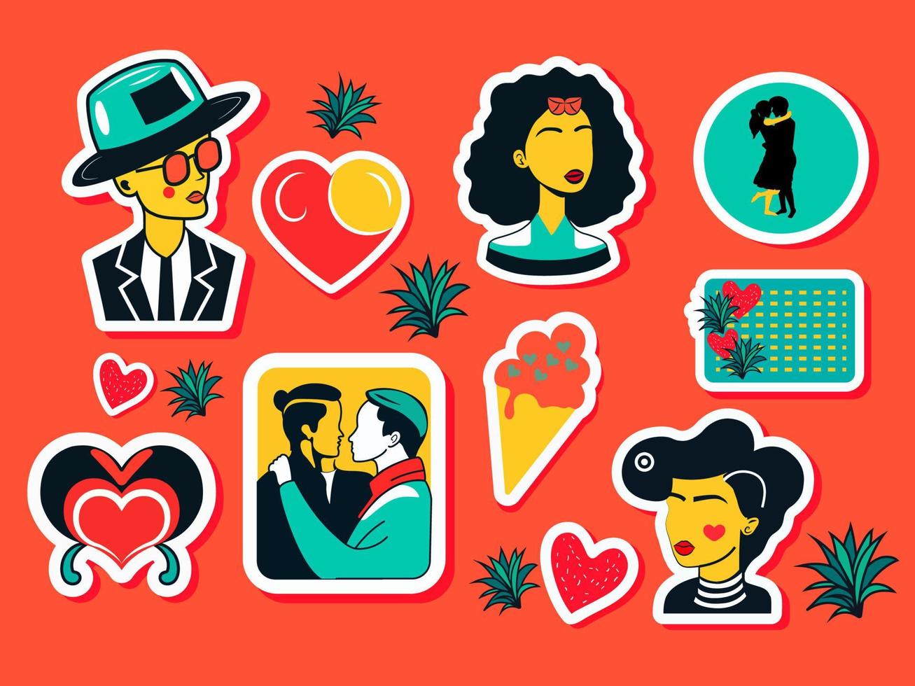 Sticker Style Valentine's Day Element Set On Orange Background. vector