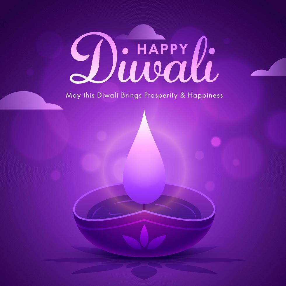 Purple Greeting Card Design with Illuminated Oil Lamp for Happy Diwali Celebration. vector
