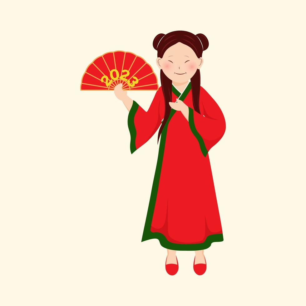 Chinese Young Girl Character Holding Folded Fan With 2023 Number On Beige Background. vector