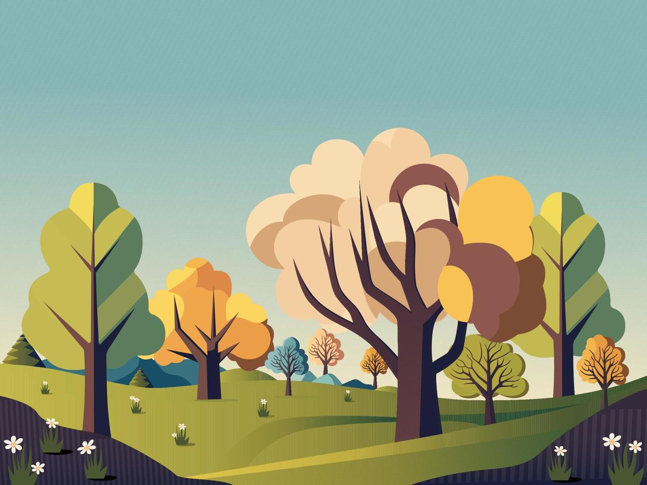 Nature Landscape Background With Trees, Flowers. vector