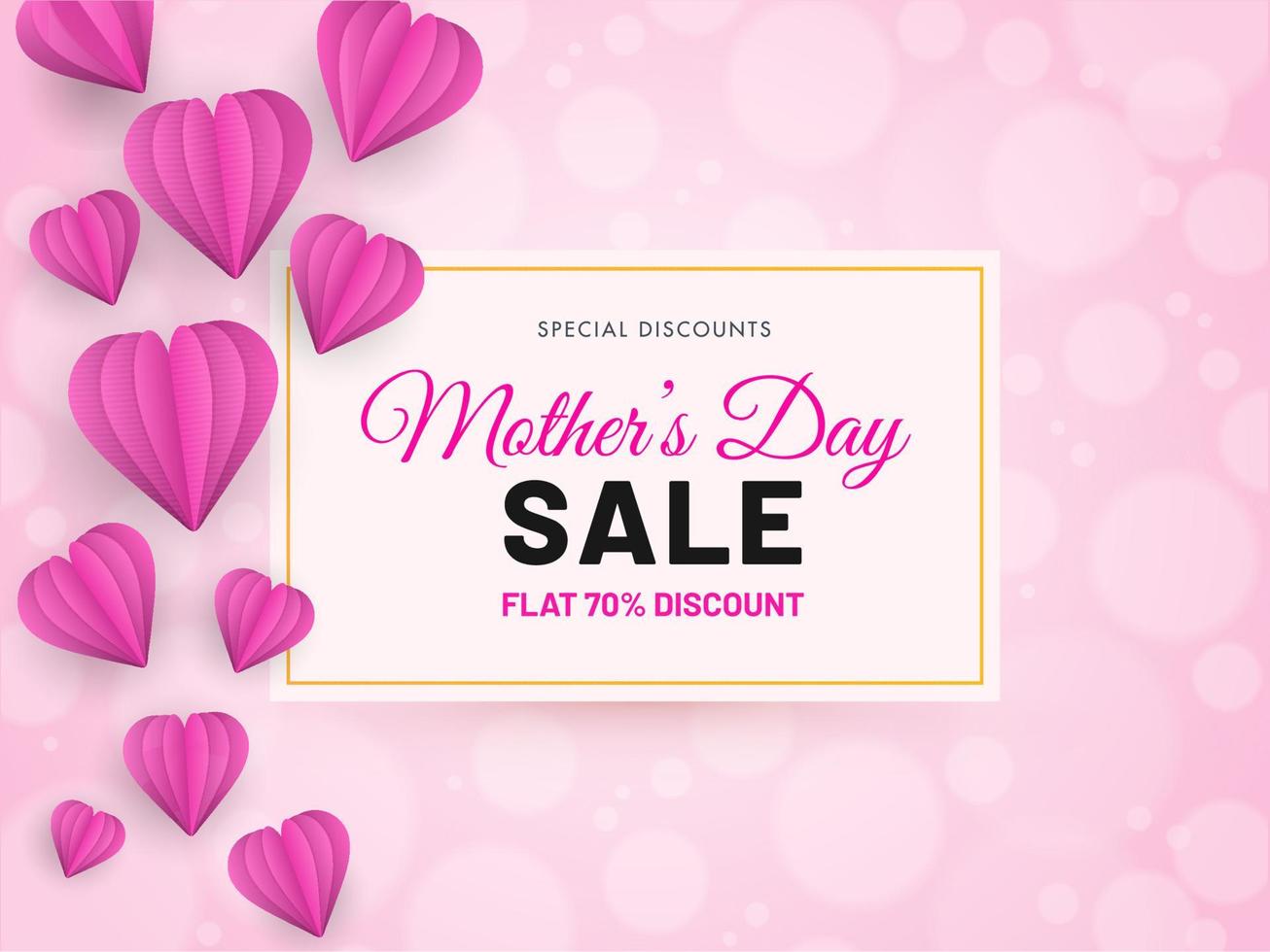 Mother's Day Sale Poster Design with Discount Offer and Origami Paper Hearts Decorated on Pink Bokeh Blur Background. vector