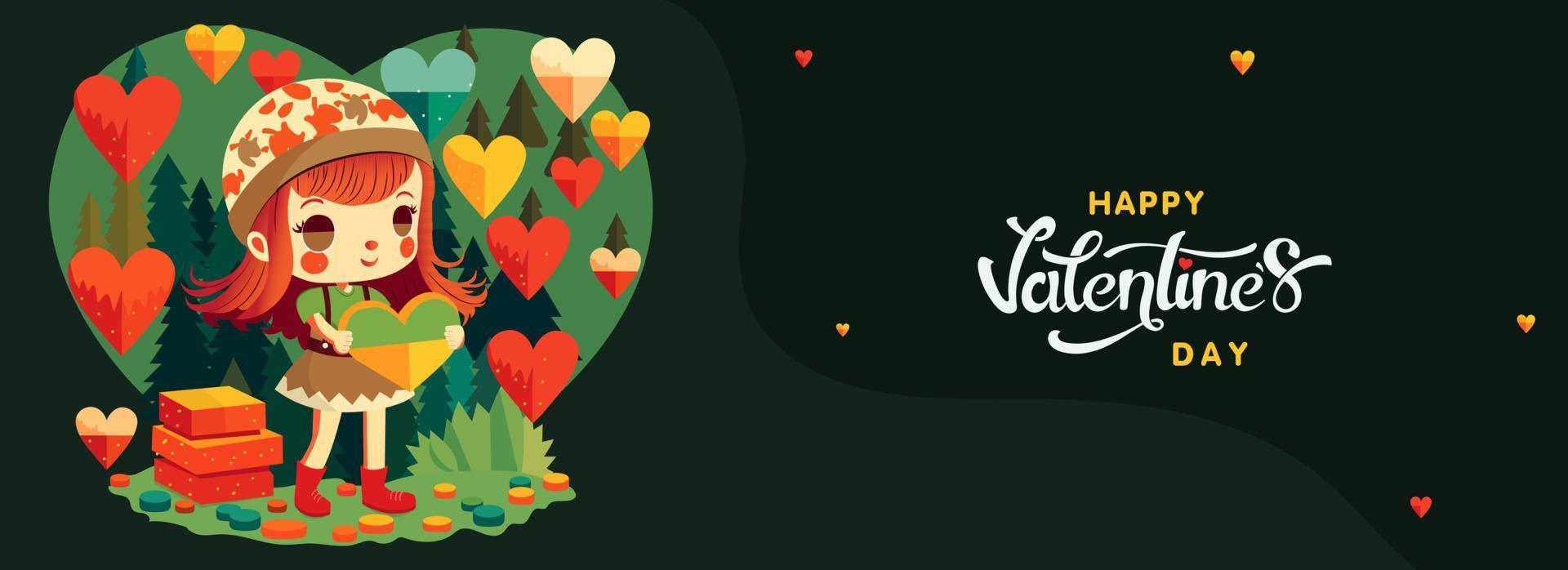 Happy Valentine's Day Concept With Cute Girl Character Standing Near Boxes, Heart Shapes Decorated On Green Background And Nature View. vector