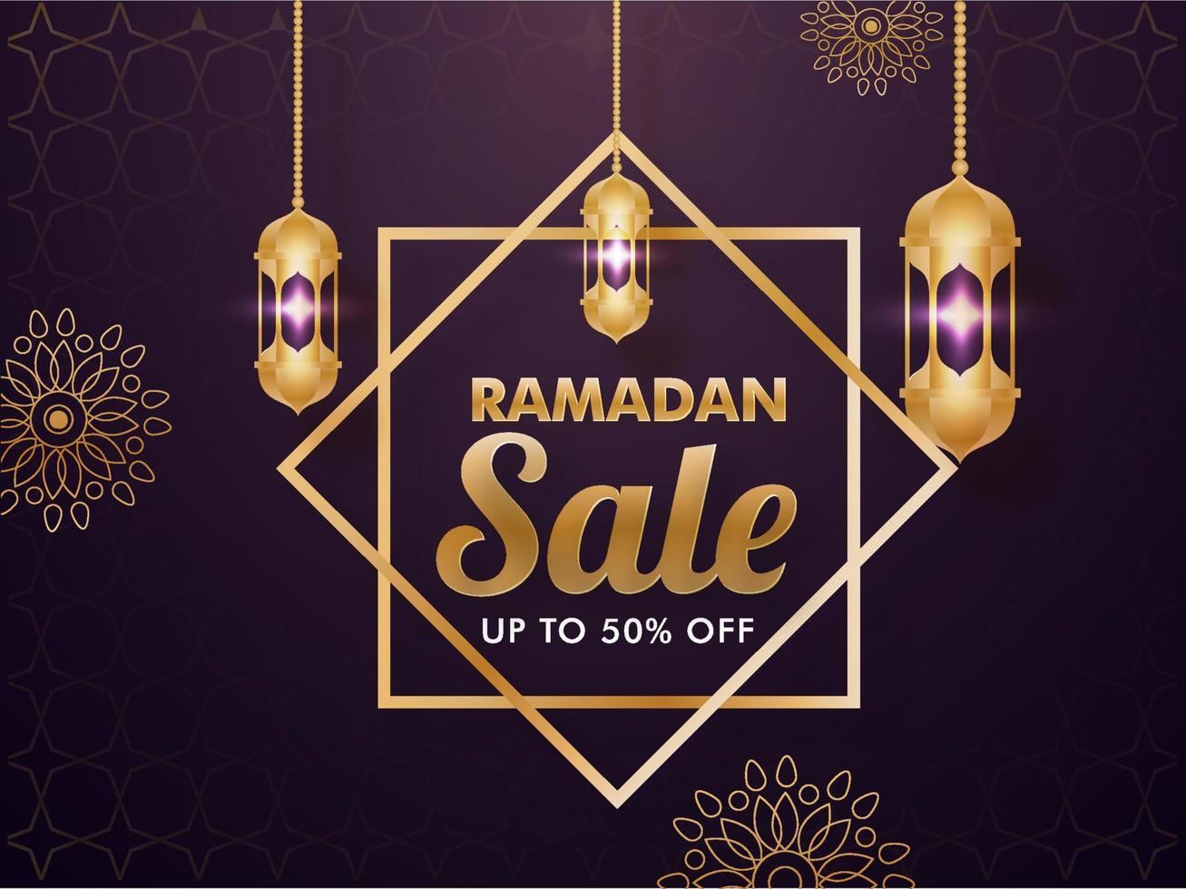 Islamic holy month of Ramdan Sale Concept with Hanging Golden Lanterns on Floral Pattern Decorated Purple Background. vector