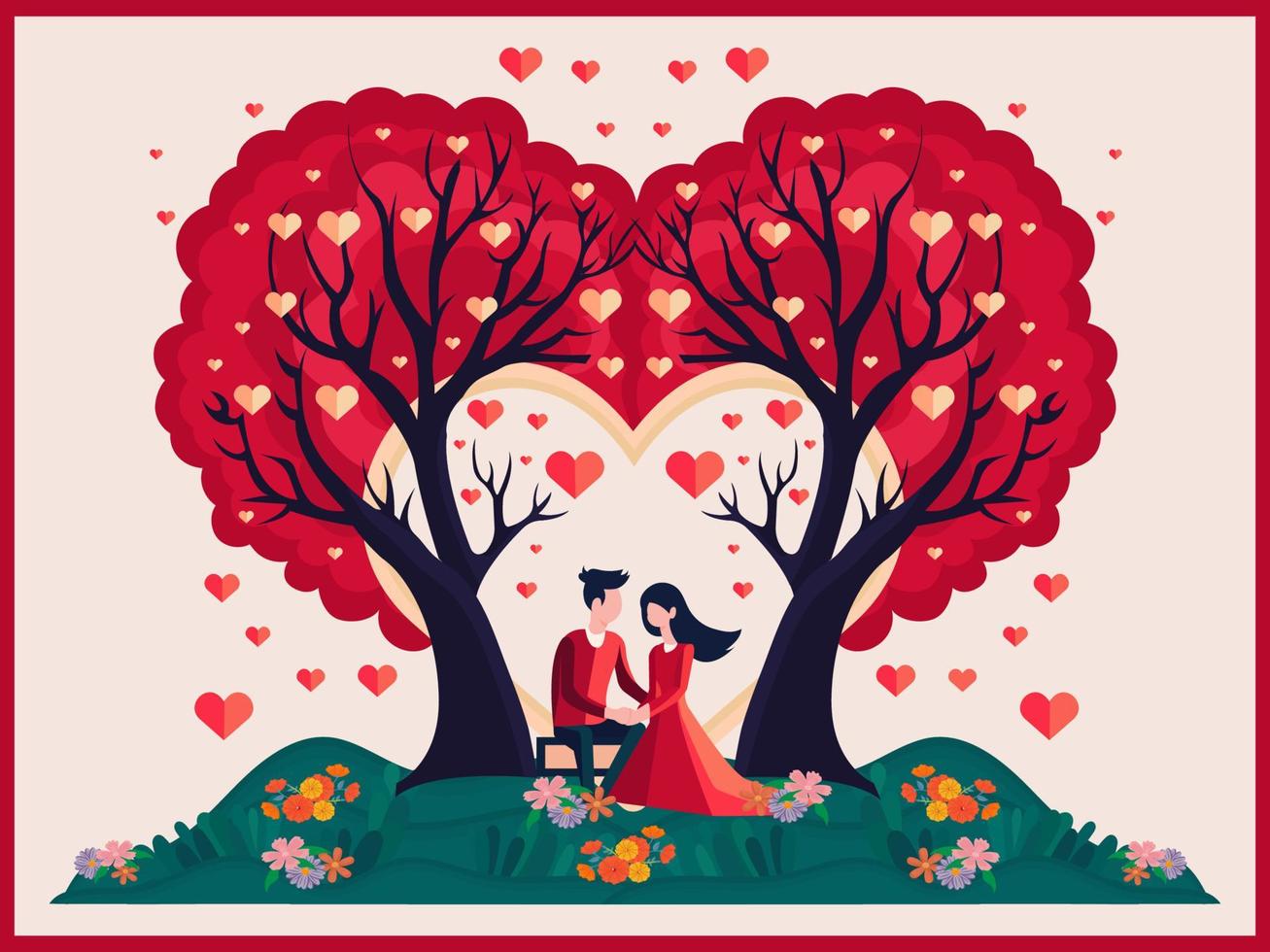 Romantic Couple Sitting Under The Hearts Trees With Nature View. Happy Valentine's Day Concept. vector