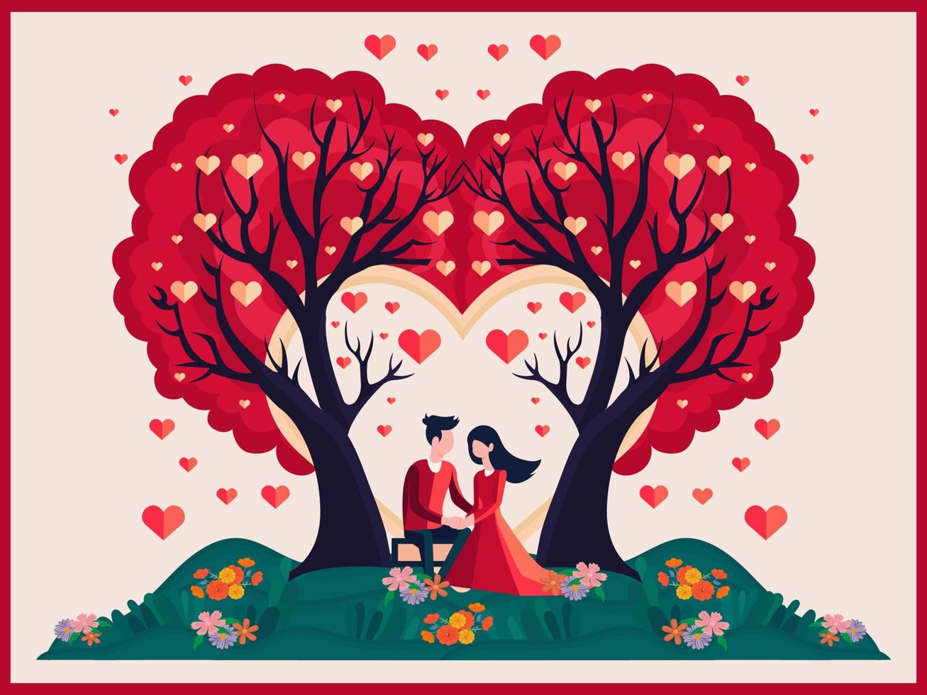 romántico Pareja sentado debajo el corazones arboles con naturaleza vista. contento San Valentín día concepto. vector