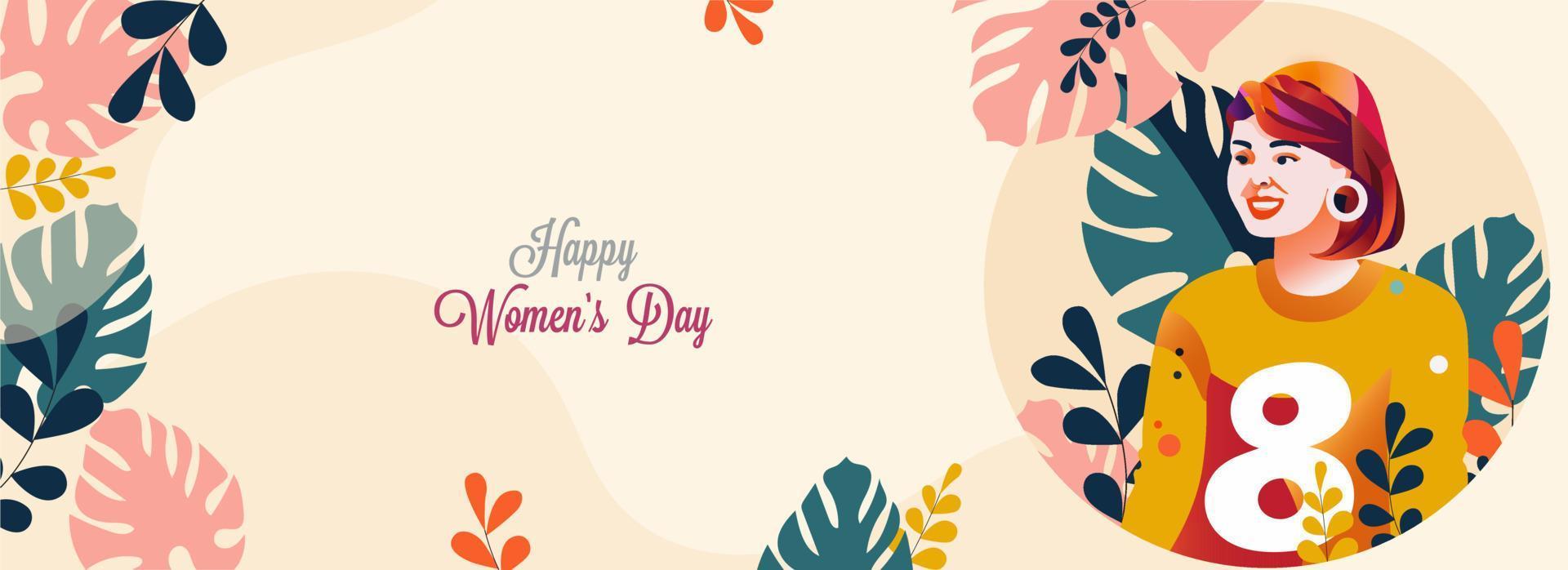 Happy Women's Day Concept With Cheerful Young Girl Character On Colorful Tropical Leaves Background. vector