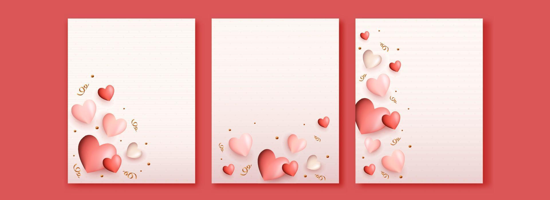 Love Greeting Cards Decorated With Glossy Heart Shapes, Golden Confetti And Space For Text. vector