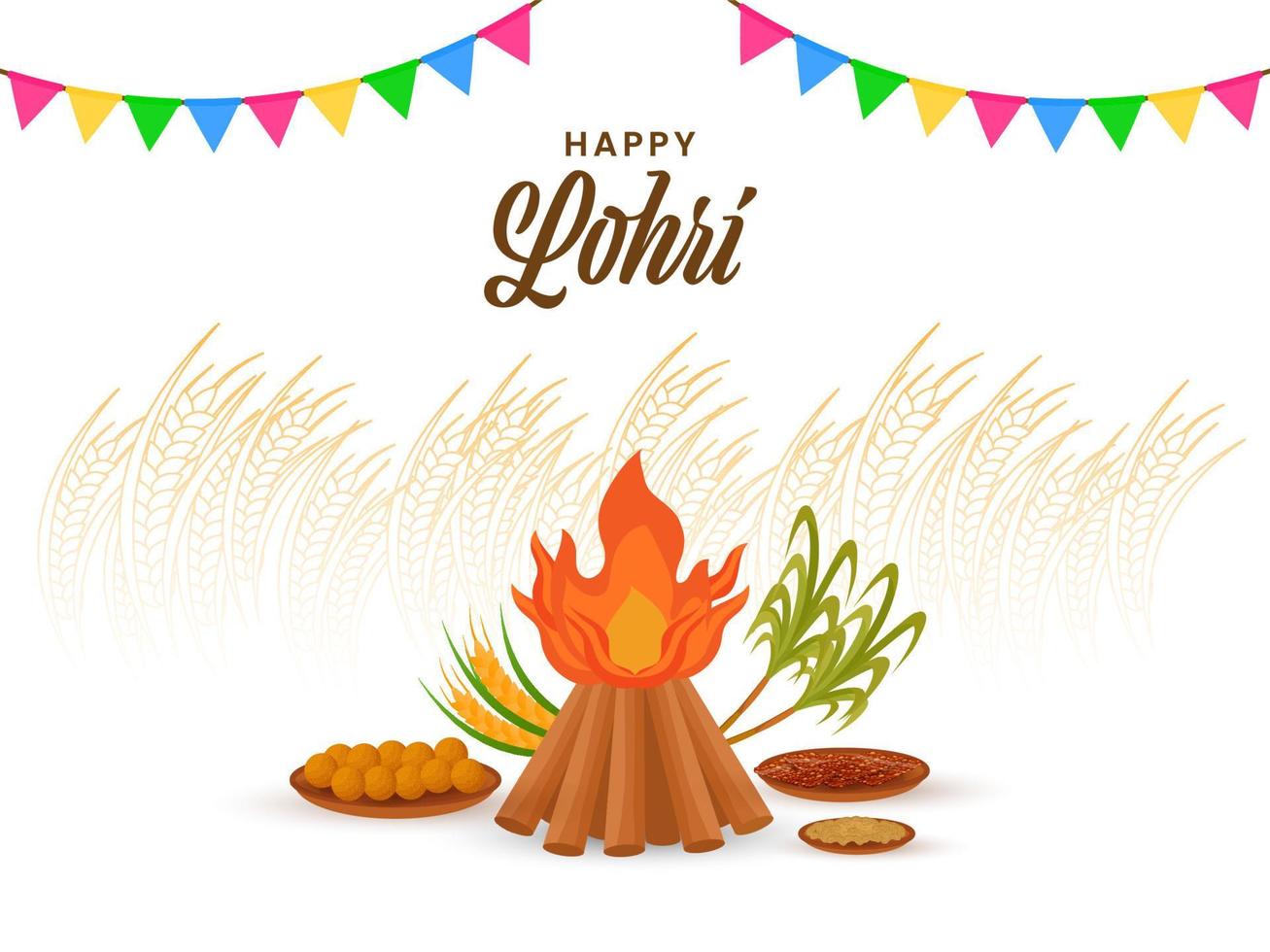 Happy Lohri Celebration Concept With Bonfire, Food Plates, Sugarcanes And Bunting Flags On Wheat Field White Background. vector