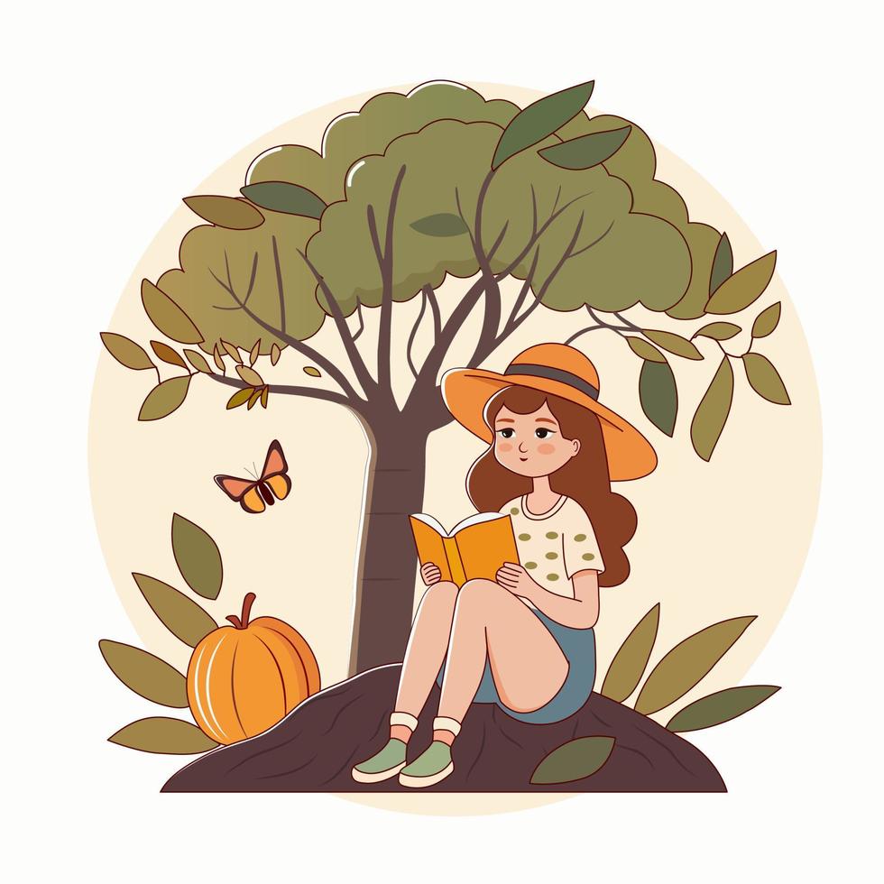 Vector Illustration of Modern Young Girl Character Reading A Book Under The Tree With Butterfly, Pumpkin On White Background.