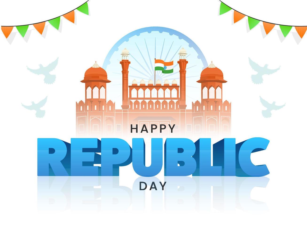 Happy Republic Day Font With Red Fort Monument, National Flag And Pigeon Flying On White Background. vector