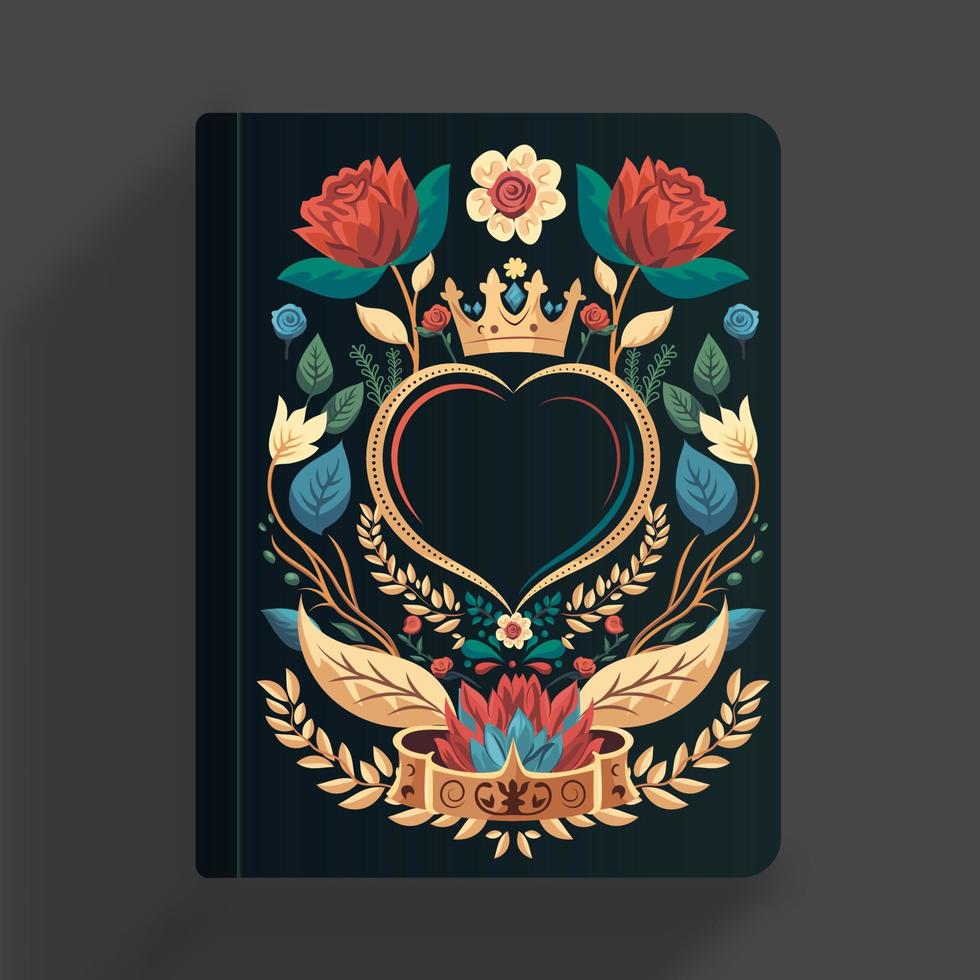 Floral Printed Cover of Book With Heart Shape And Copy Space. vector