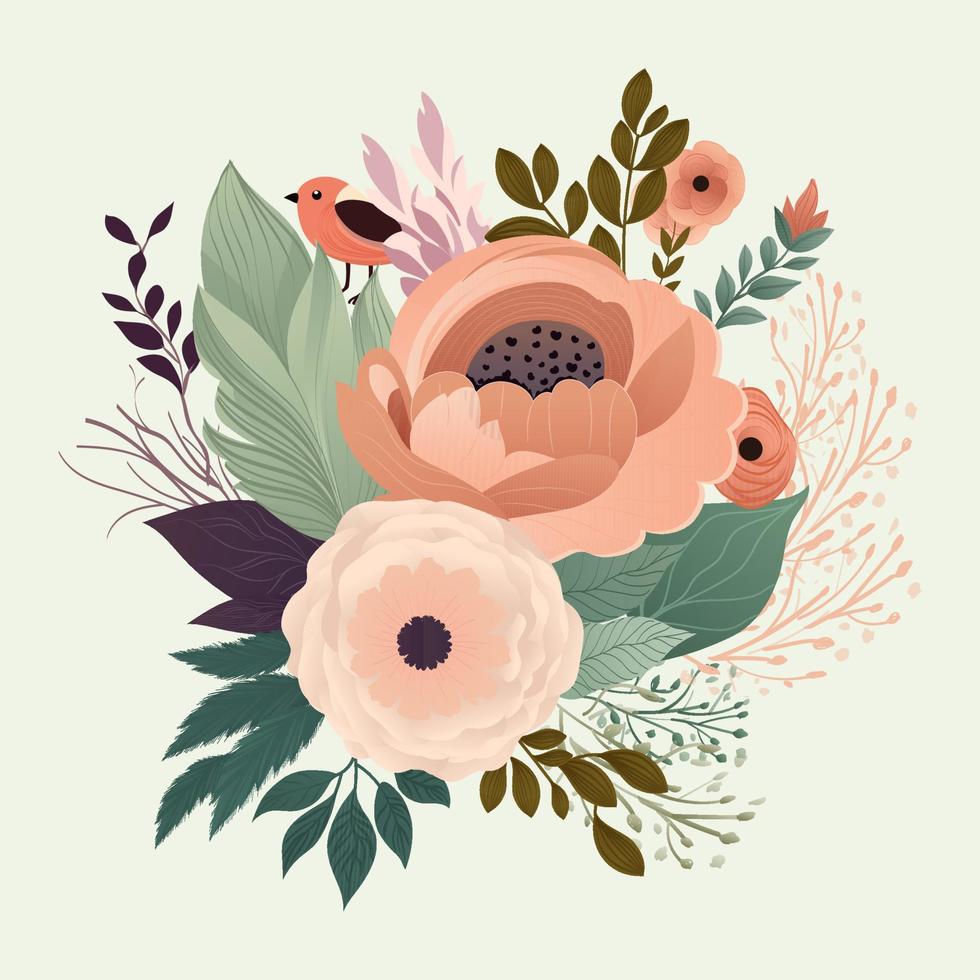 Botanic Composition As Beautiful Flowers, Leaves, Buds And Cute Bird On Beige Background. vector