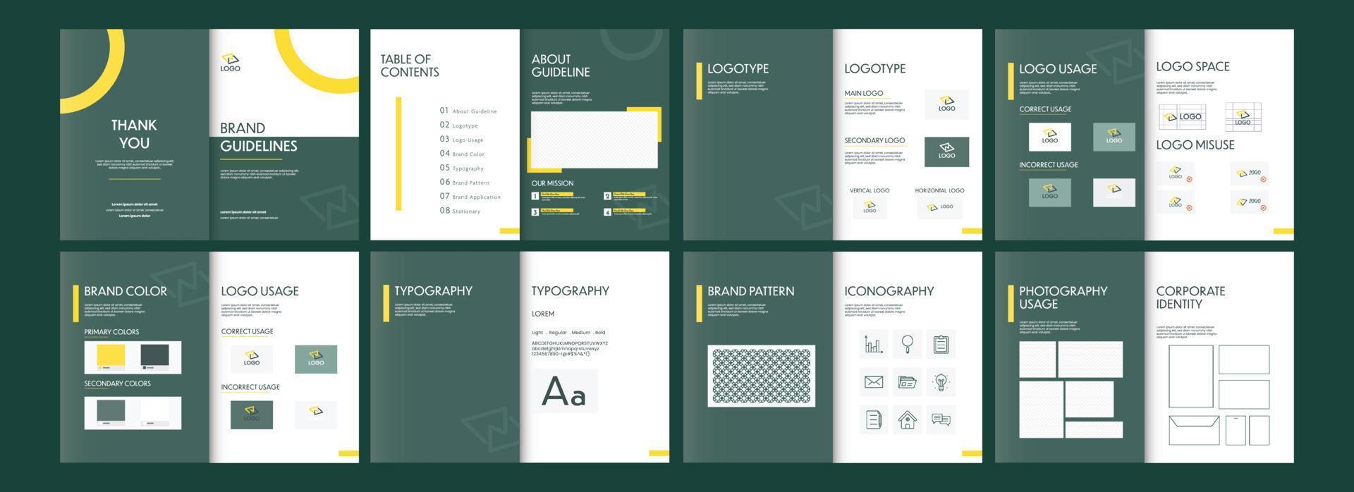 Brand Guidelines Templates Layout, Brand Book, Corporate Identity, Guide Book Presentation Against Teal Green Background. vector