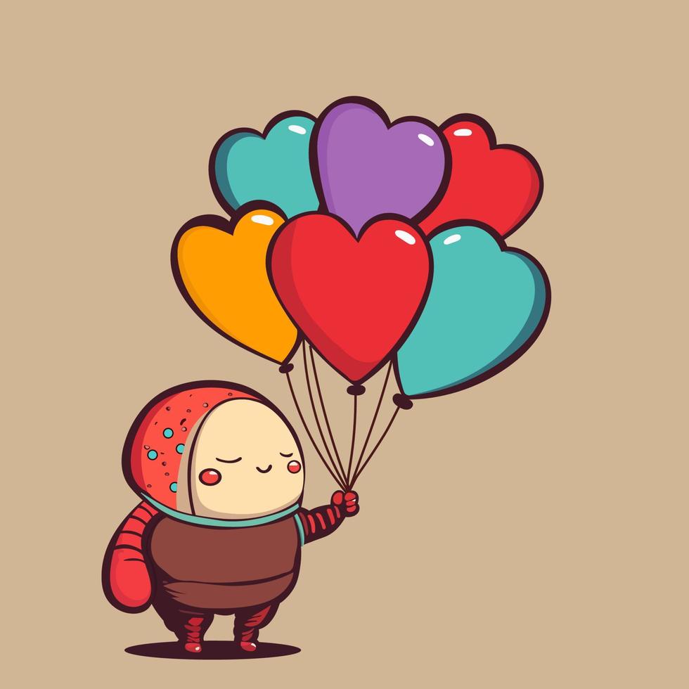 aislado linda bebé personaje participación vistoso corazón formas globos en pastel marrón antecedentes. amor o san valentin día concepto. vector