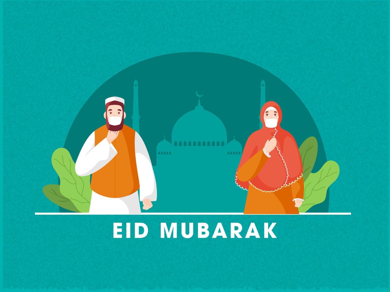 Islamic Festival Eid Mubarak Concept with Muslim Man and Woman wearing mask, Greetings on occasion of Eid Mubarak. Mosque on green background. Eid celebrations during Covid-19. vector