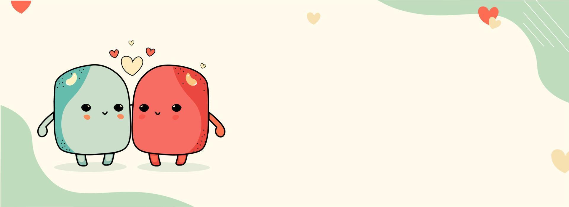 Cute Mascot Cube Couple Character With Hearts On Green And Beige Fluid Background And Copy Space. Love Or Valentine Concept. vector