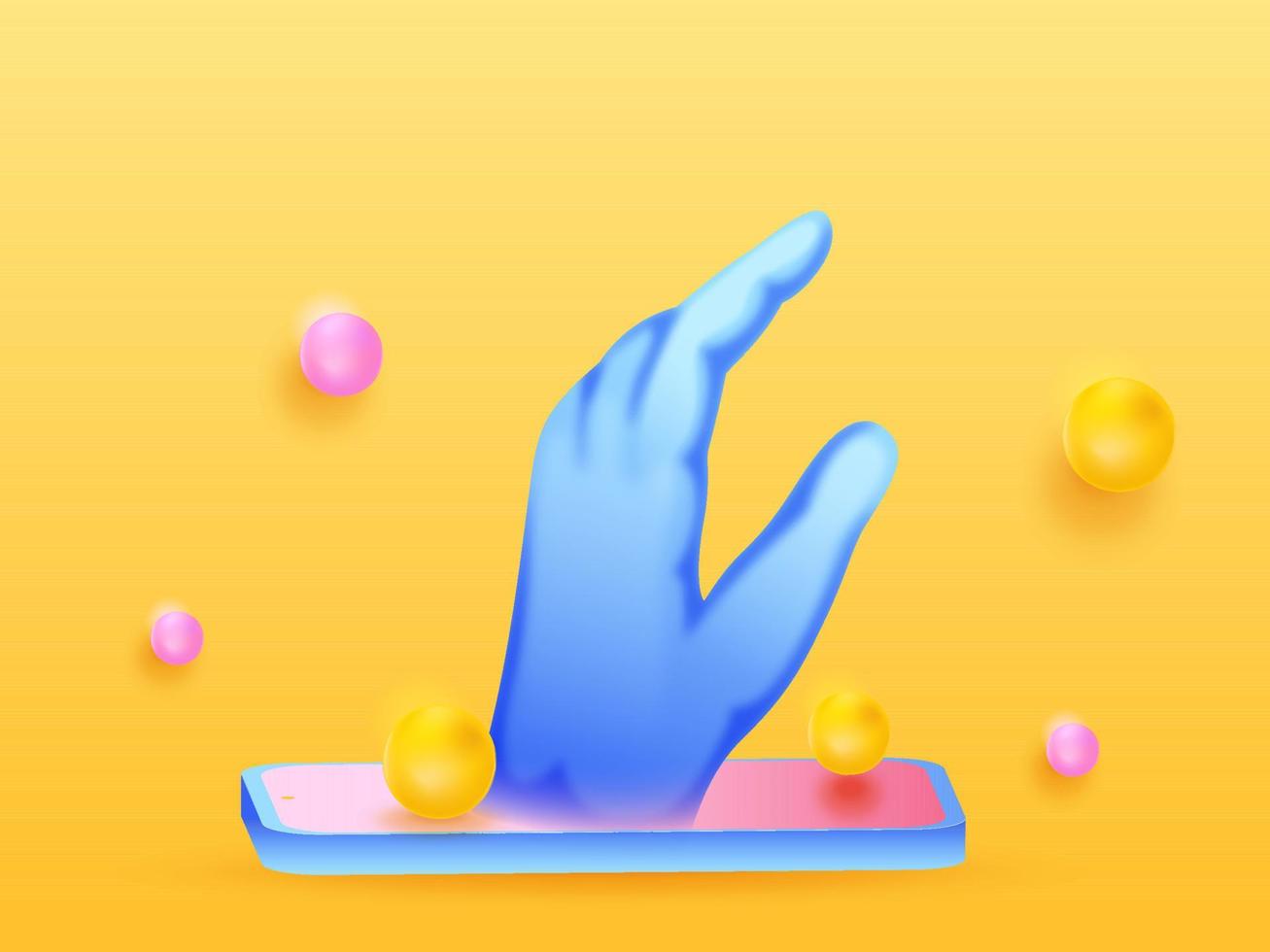 Hologram Human Hand Coming Out of Smartphone Screen And Spheres or Balls On Chrome Yellow Background. vector