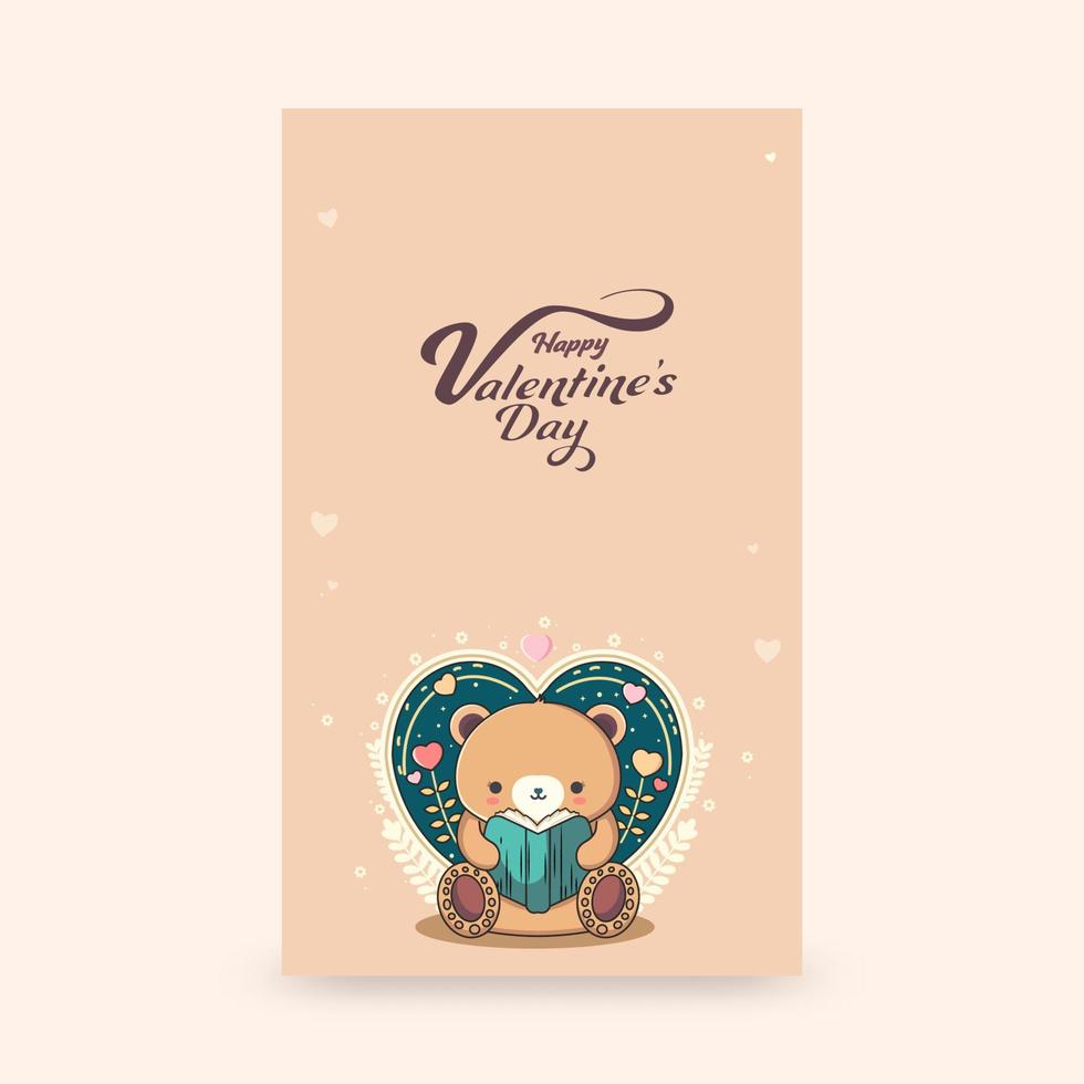 Happy Valentine's Day Vertical Banner With Cute Teddy Bear Reading A Book, Heart Shape On Peach Background. vector