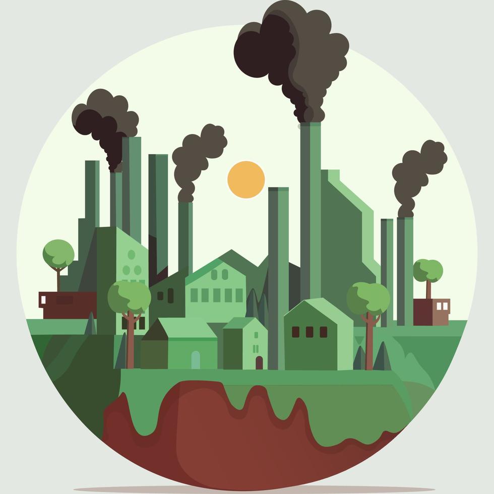 Factory Industry With Residential Buildings, Trees On Half Earth Globe And Sun Illustration. Earth Day Concept. vector