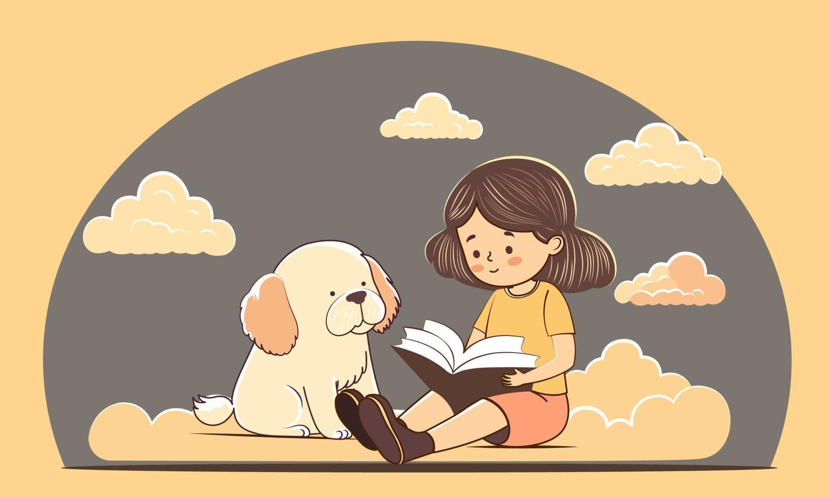 linda niña personaje leyendo libro y dibujos animados perro sentado en gris y pastel naranja nubes antecedentes. vector