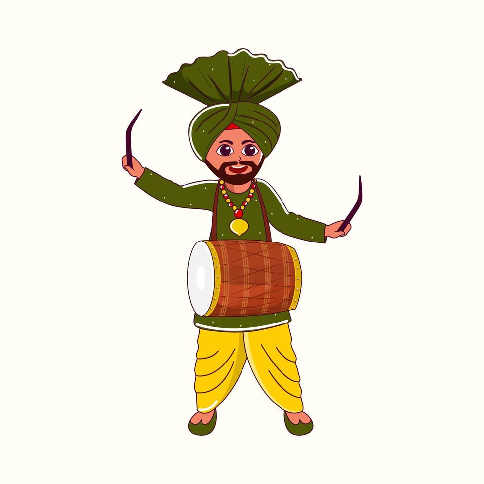 Young Punjabi Man Playing Dhol Instrument On Beige Background. vector