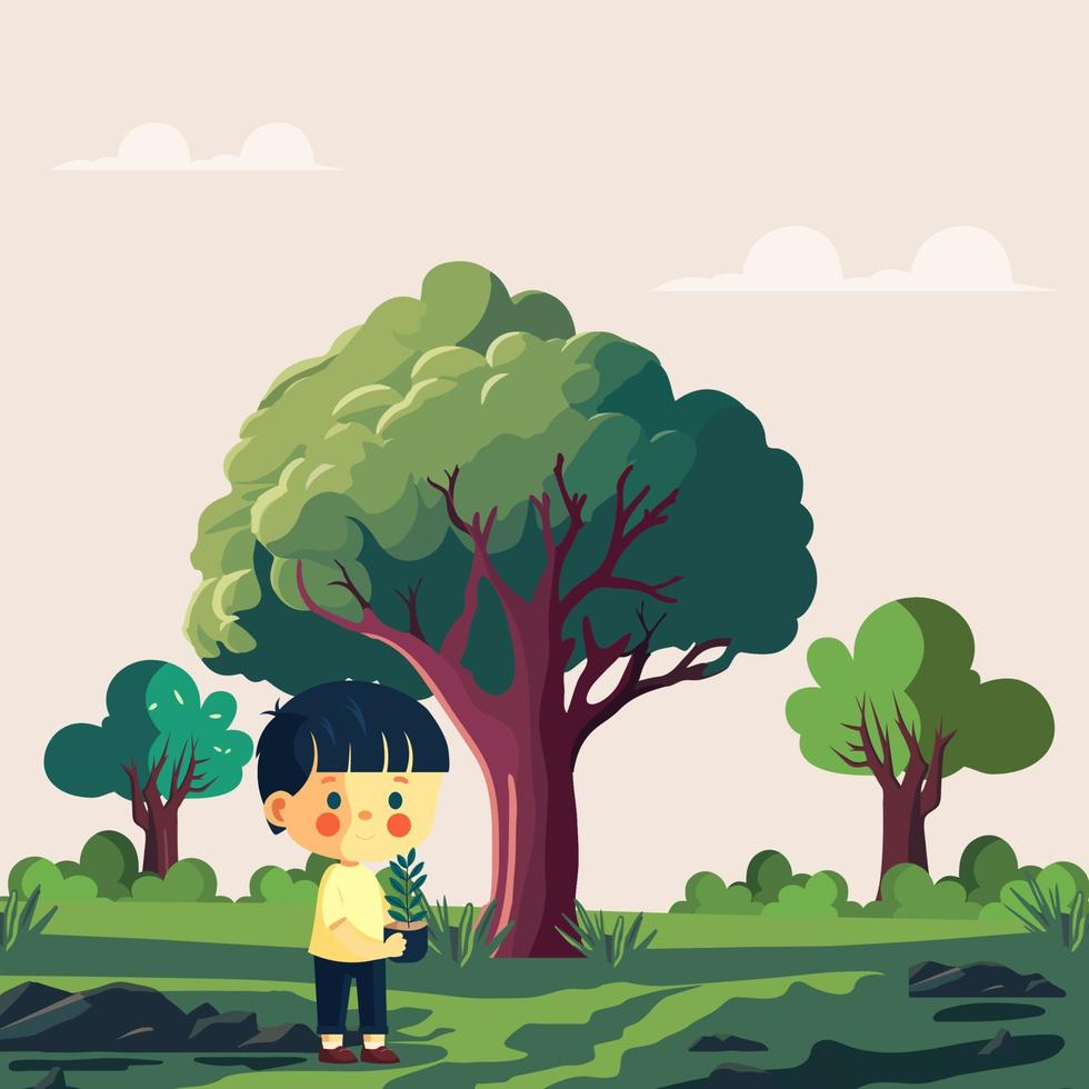 Cute Boy Character Holding A Plant On Nature Background. Environment Day Concept. vector
