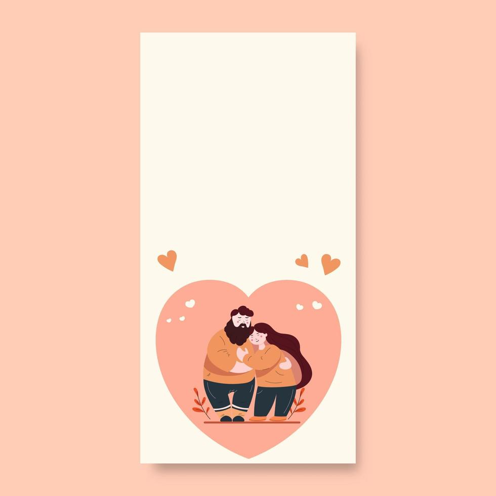 abrazando joven hombre y mujer con pastel rosado corazón formas en hojas antecedentes y Copiar espacio. amor o enamorado concepto. vector