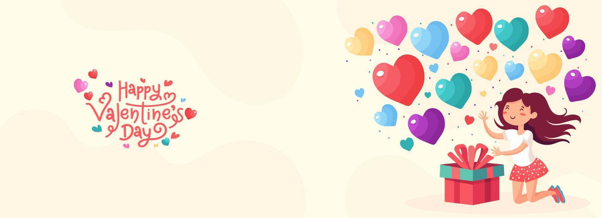 Happy Valentine's Day Concept With Cute Girl Character, Gift Box And Colorful Heart Shapes Decorated Background. vector