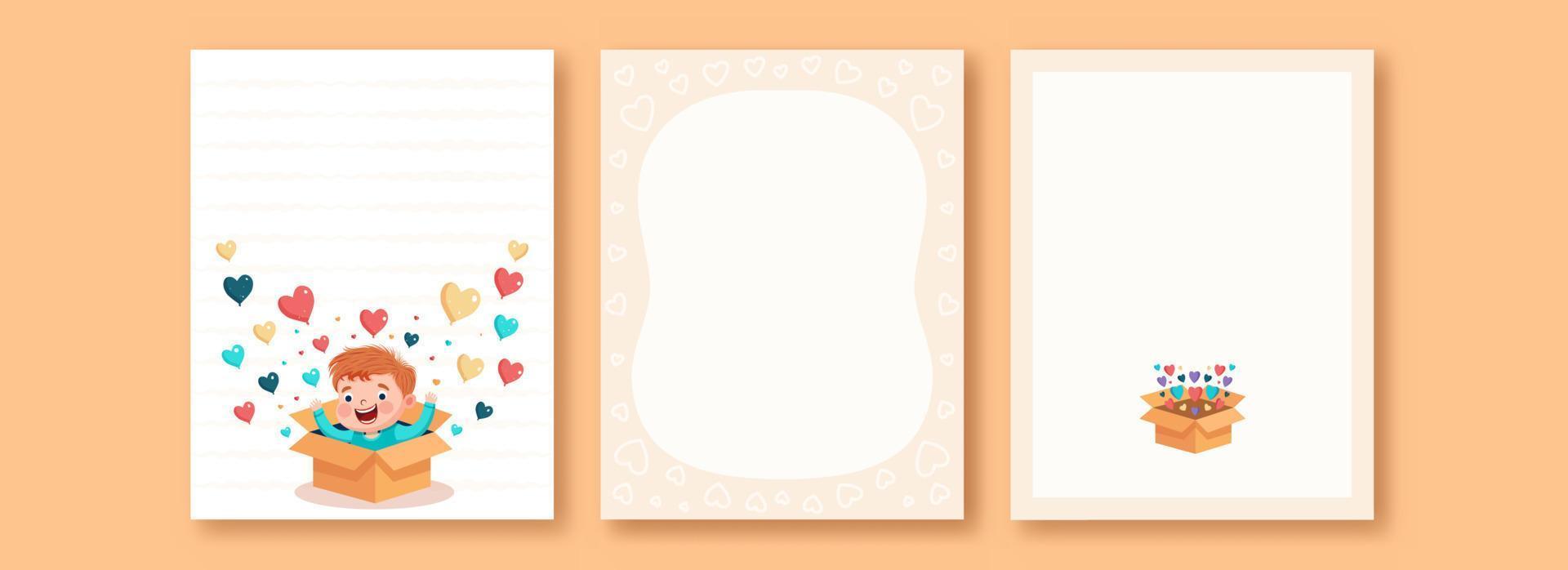 Love Greeting Cards With Cheerful Boy Character Coming Out of A Cardboard Box, Colorful Heart Balloons And Copy Space. vector