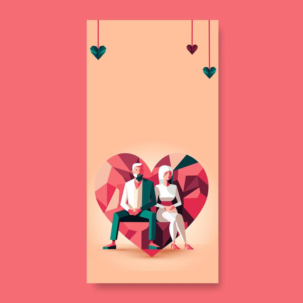 Young Couple Character In Sitting Pose And Polygon Hearts On Peach Background With Copy Space. Happy Valentine's Day Concept. vector