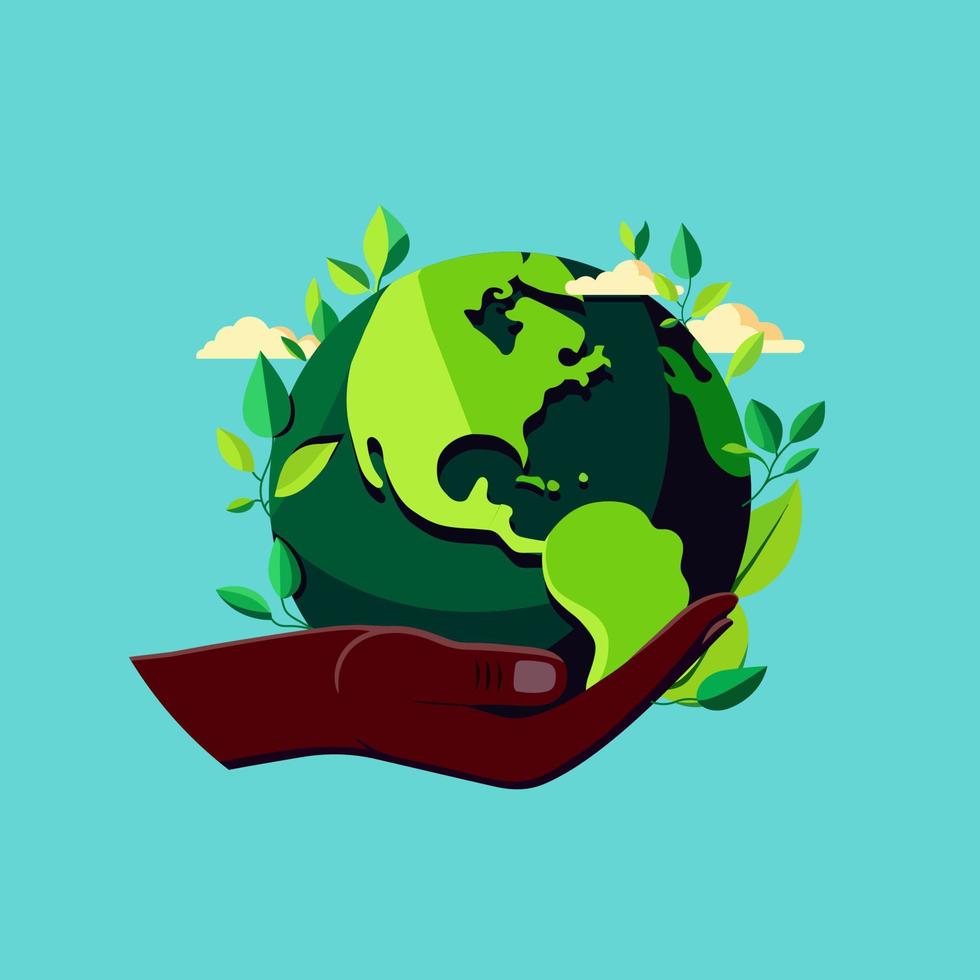 Human Hand Protecting Earth Globe With Green Leaves On Cyan Background. vector