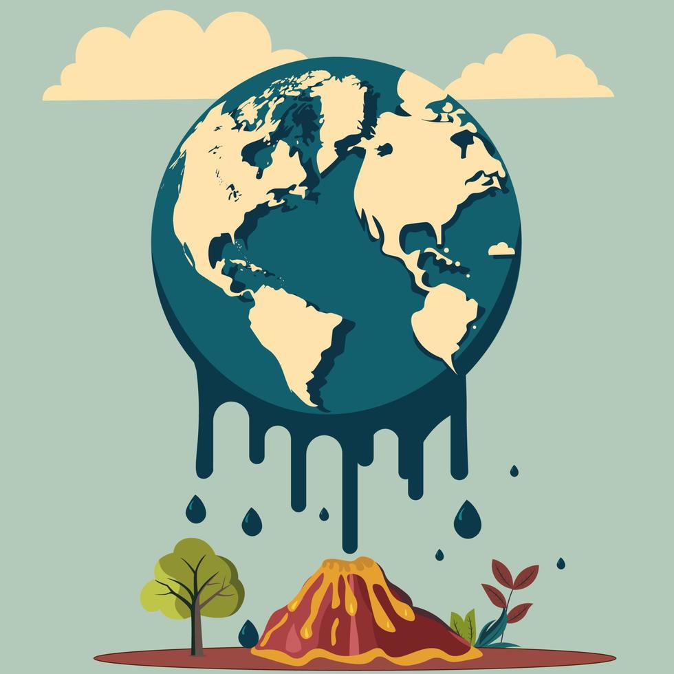 Vector Illustration of Earth Globe Dripping Over Volcano And Nature Background.