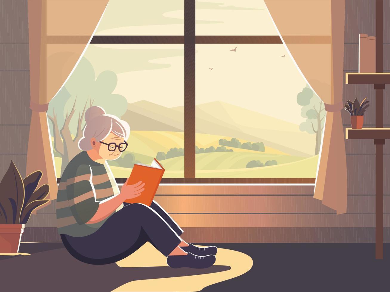 Elderly Woman Character Reading A Book With Plant Vase On Mountain Landscape View Through Window And Curtain. vector