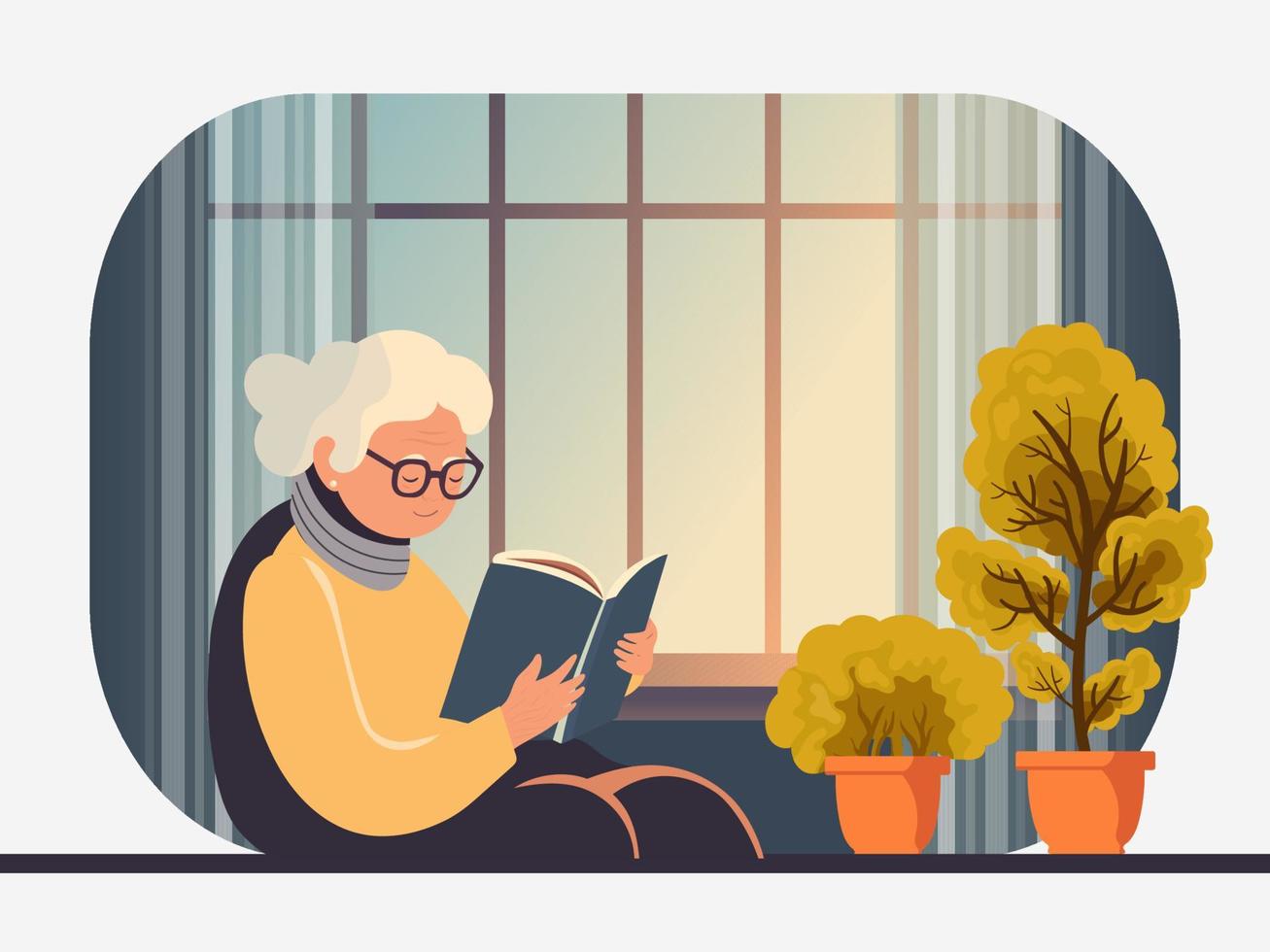 Elderly Woman Reading A Book, Plant Pots And Curtains On Window Background. vector