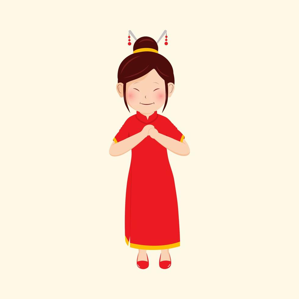 personaje de chino niña en tradicional disfraz haciendo puño y palma saludo en beige antecedentes. vector