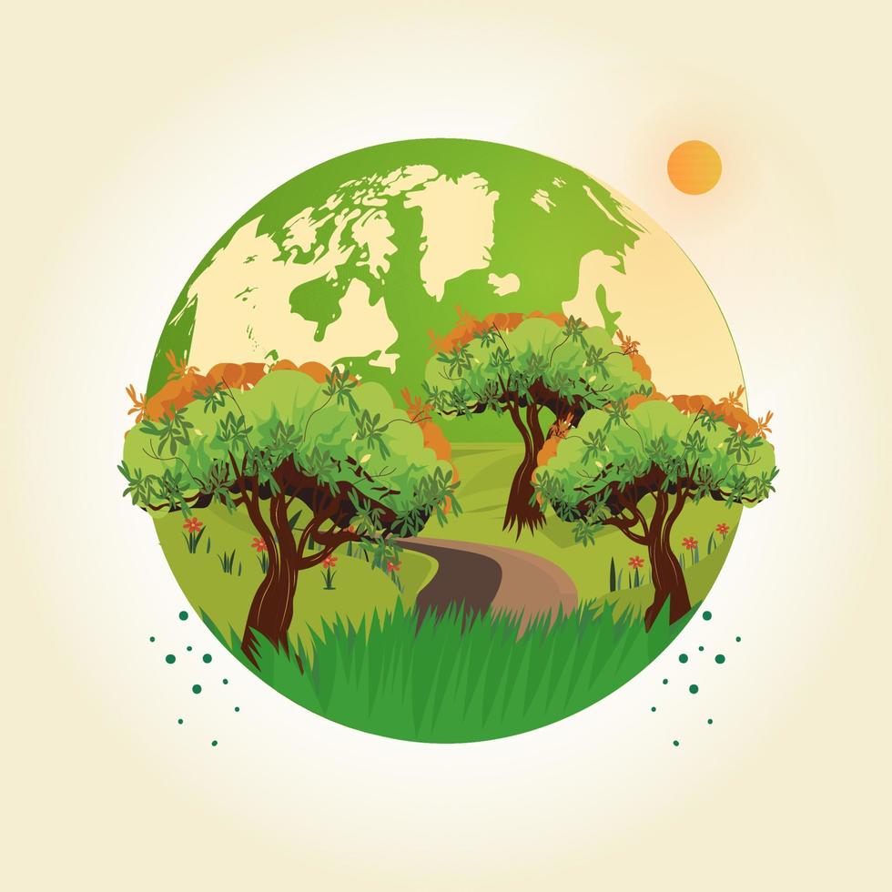 Earth Globe Shape Nature Background With Sun Illustration. vector