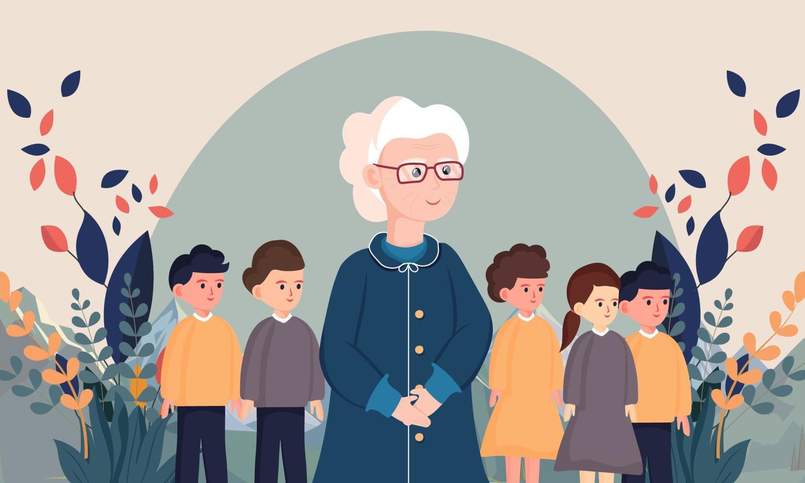 Elderly Woman And Children Character Standing Together On Nature Background. vector
