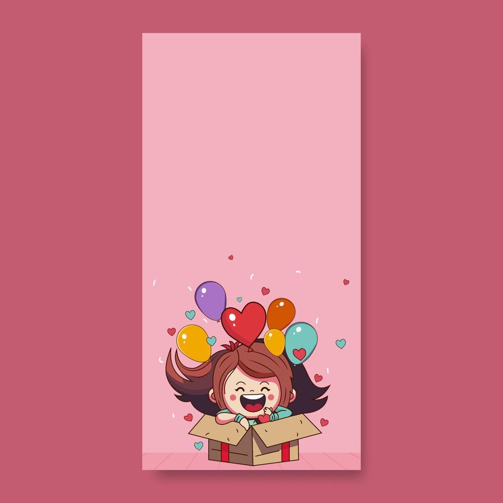 emocionado linda niña con globos, corazones viniendo fuera desde dentro sorpresa caja en rosado antecedentes y Copiar espacio. vector