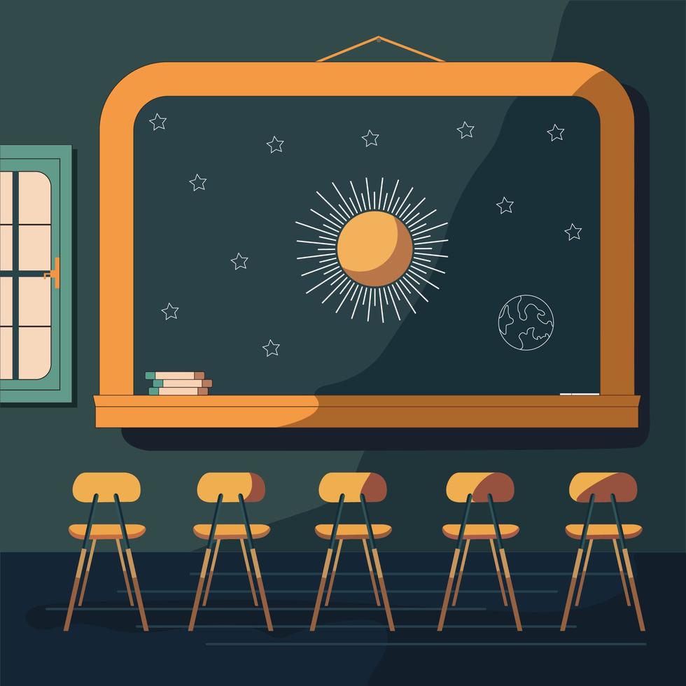 Classroom Interior View With Chairs, Earth Globe And Sun In Sky On Chalkboard Illustration. vector