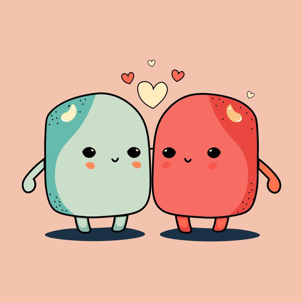 Cute Mascot Cube Couple Character With Hearts On Pastel Pink Background. Love Or Valentine Concept. vector