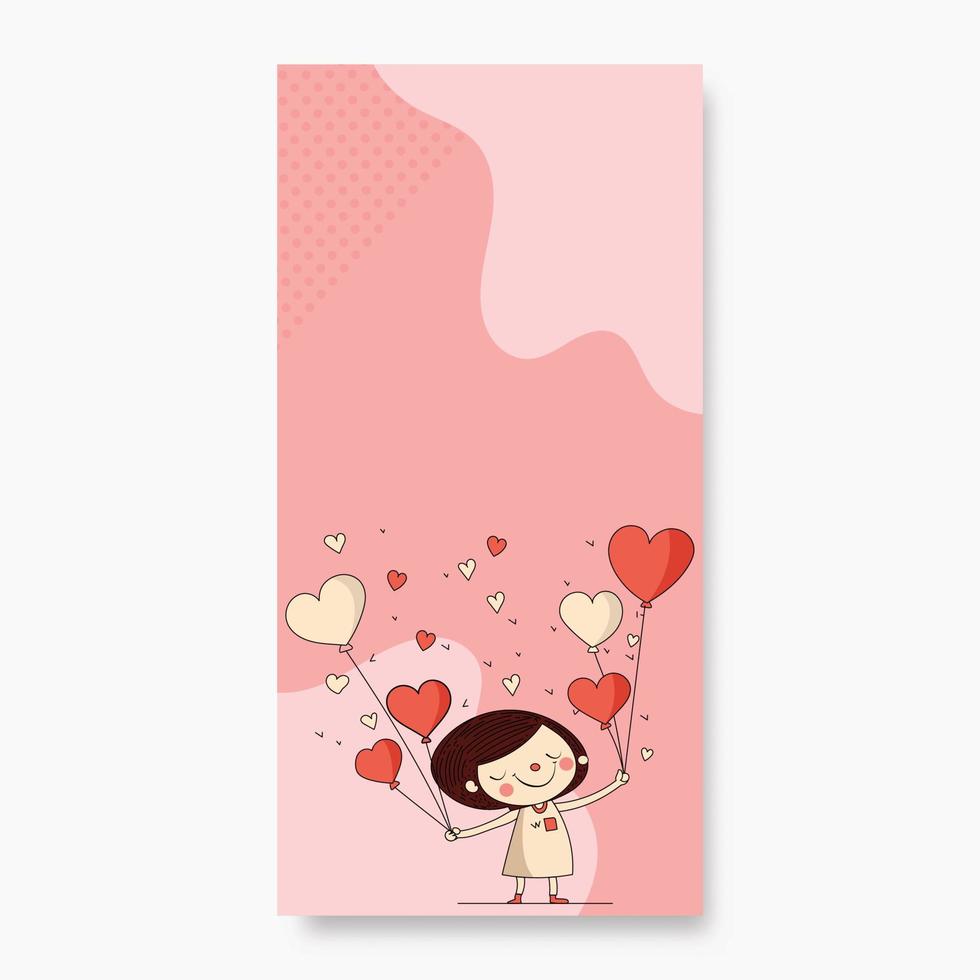 aislado linda pequeño niña participación corazón forma globos en pastel rosado fluido antecedentes y Copiar espacio. amor o San Valentín día concepto. vector