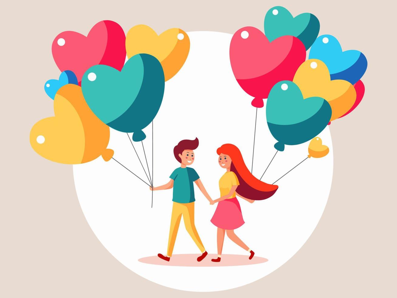 Walking Boy Holding Partner Hand With Heart Shape Balloons Against White And Beige Background. Happy Valentine's Day Concept. vector