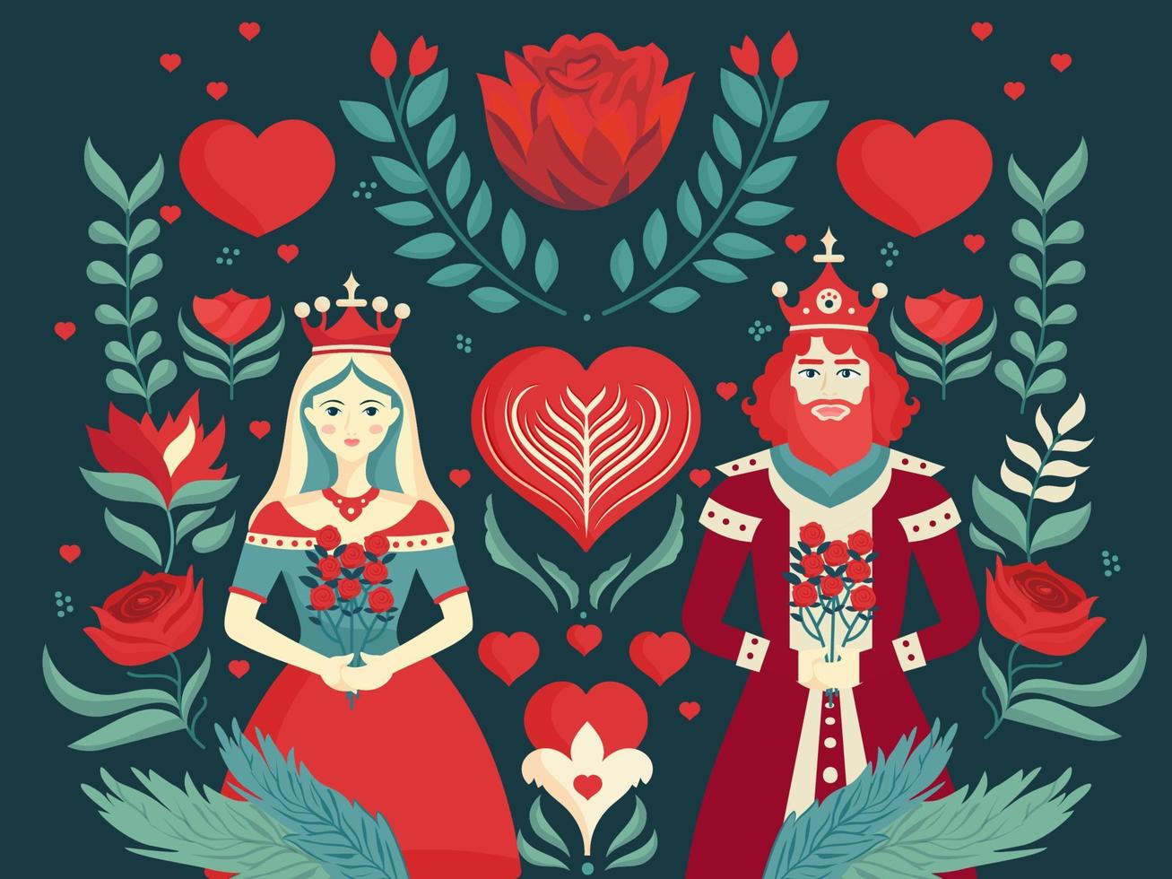 ilustración de Rey y reina personaje participación ramo de flores en floral antecedentes. San Valentín día concepto. vector