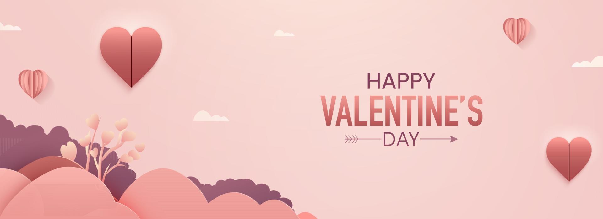 Happy Valentine's Day Banner or Header Design With Paper Hearts, Clouds And Love Plant On Pink Background. vector