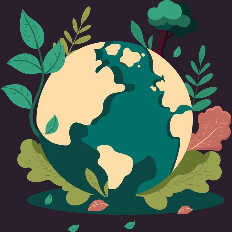 Vector Illustration of Earth Globe or Planet Surrounded By Leaves, Tree On Dark Purple Background.